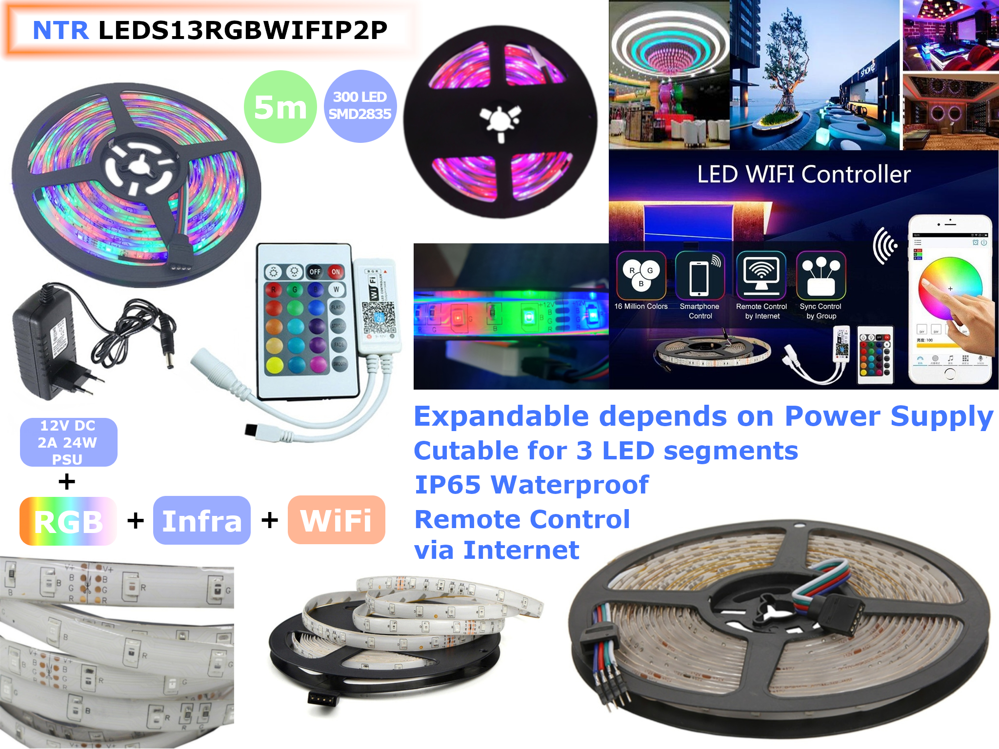 NTR LEDS13RGBWIFIP2P Vízálló okos színes RGB LED szalag 300LED 24W 12V DC 5m + Táp + Vezérlő + App 
