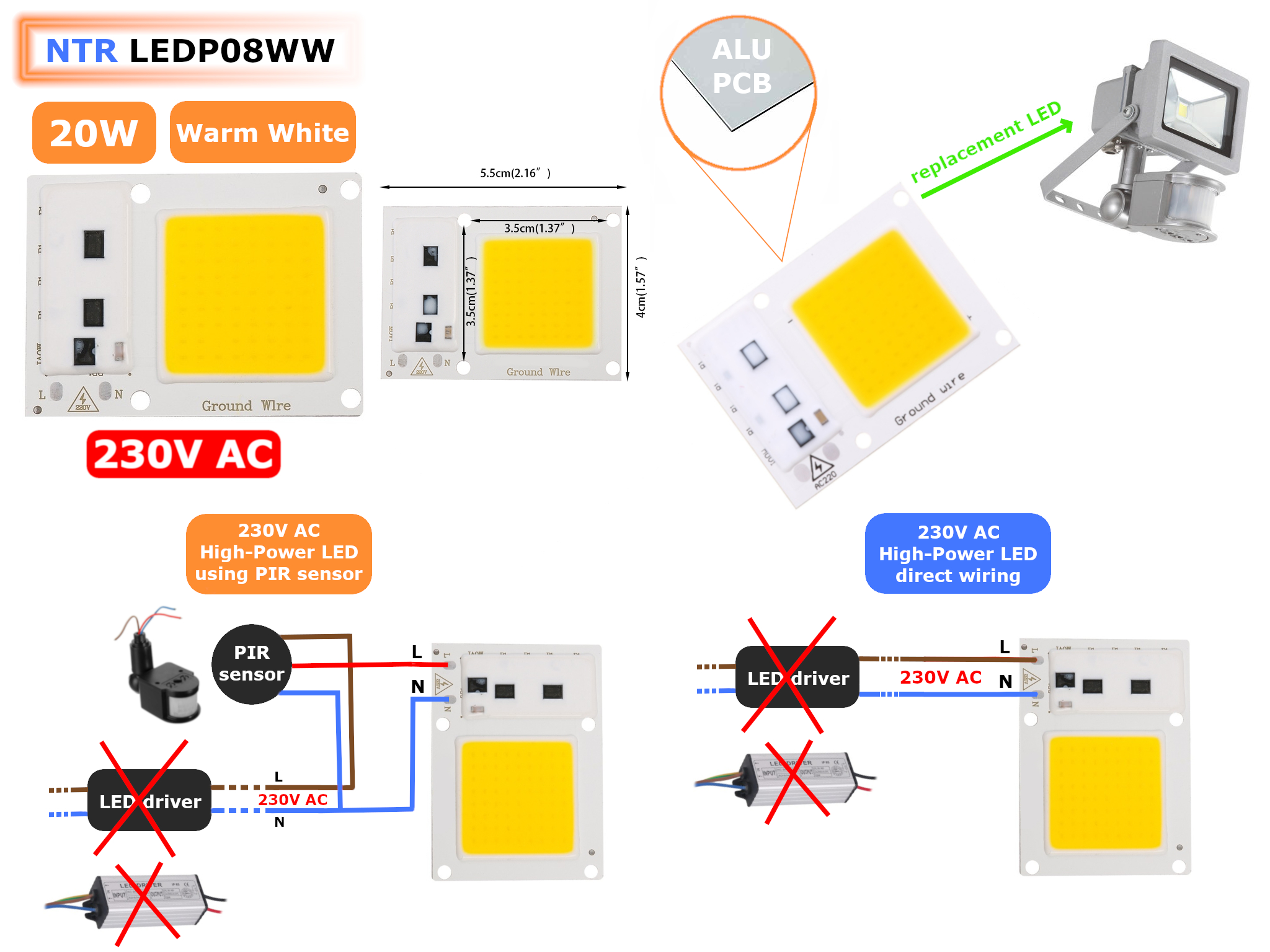 NTR LEDP08WW 20W High-Power COB LED IP65 3200K meleg-fehér 230V AC (nem kell tápegység) 