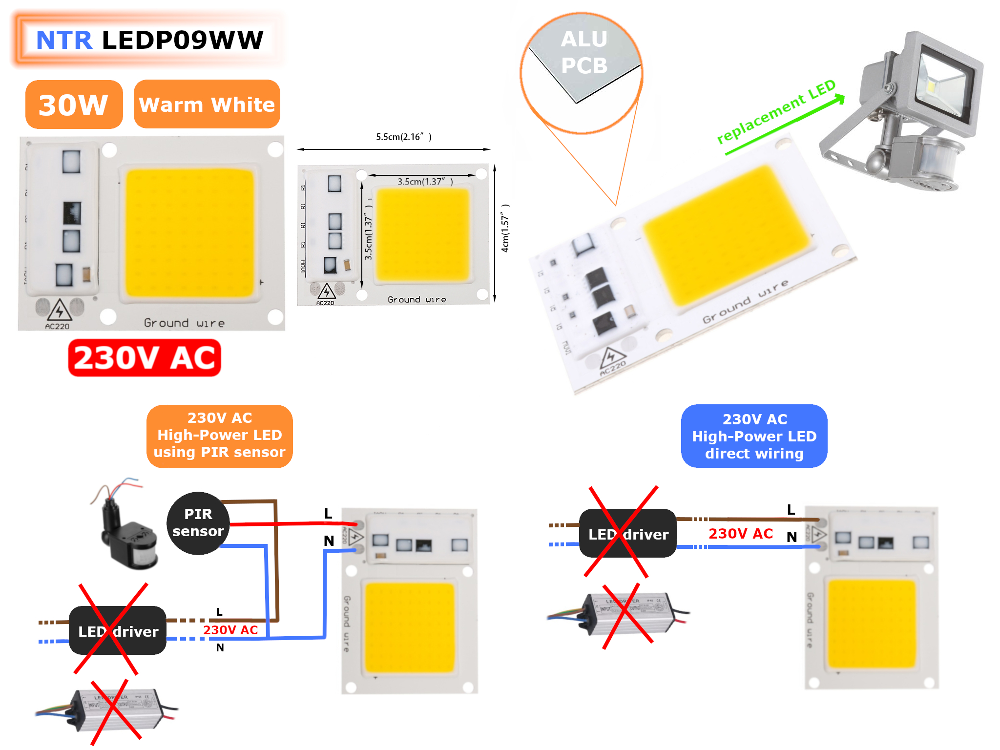 NTR LEDP09WW 30W High-Power COB LED IP65 3200K meleg-fehér 230V AC (nem kell tápegység) 