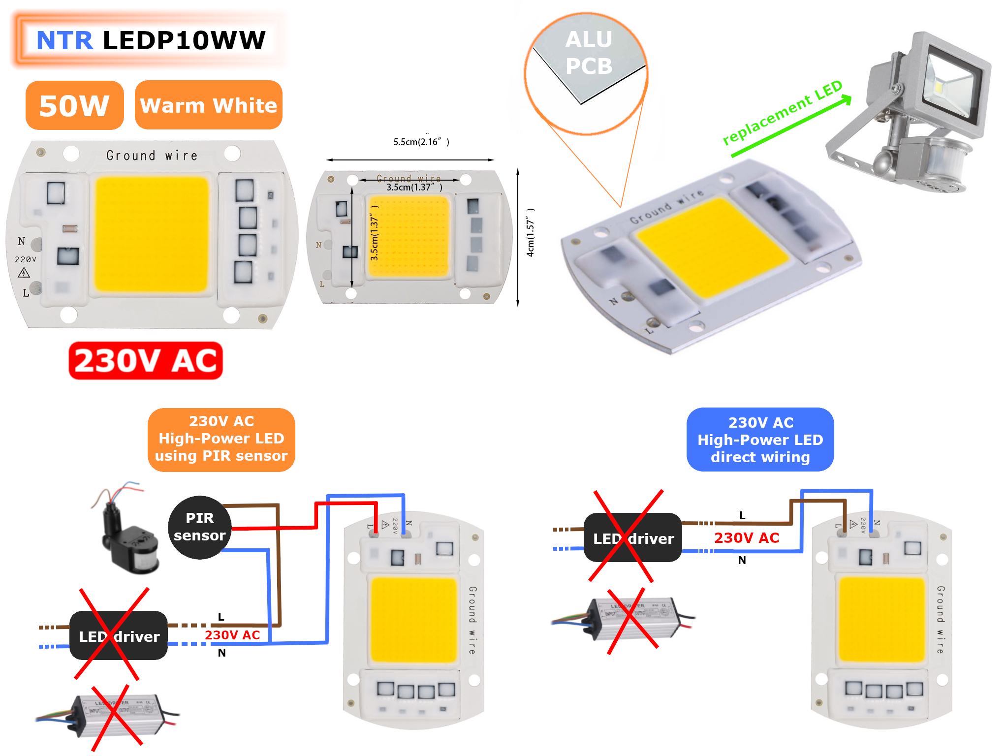 NTR LEDP10WW 50W High-Power COB LED IP65 3200K meleg-fehér 230V AC (nem kell tápegység) 