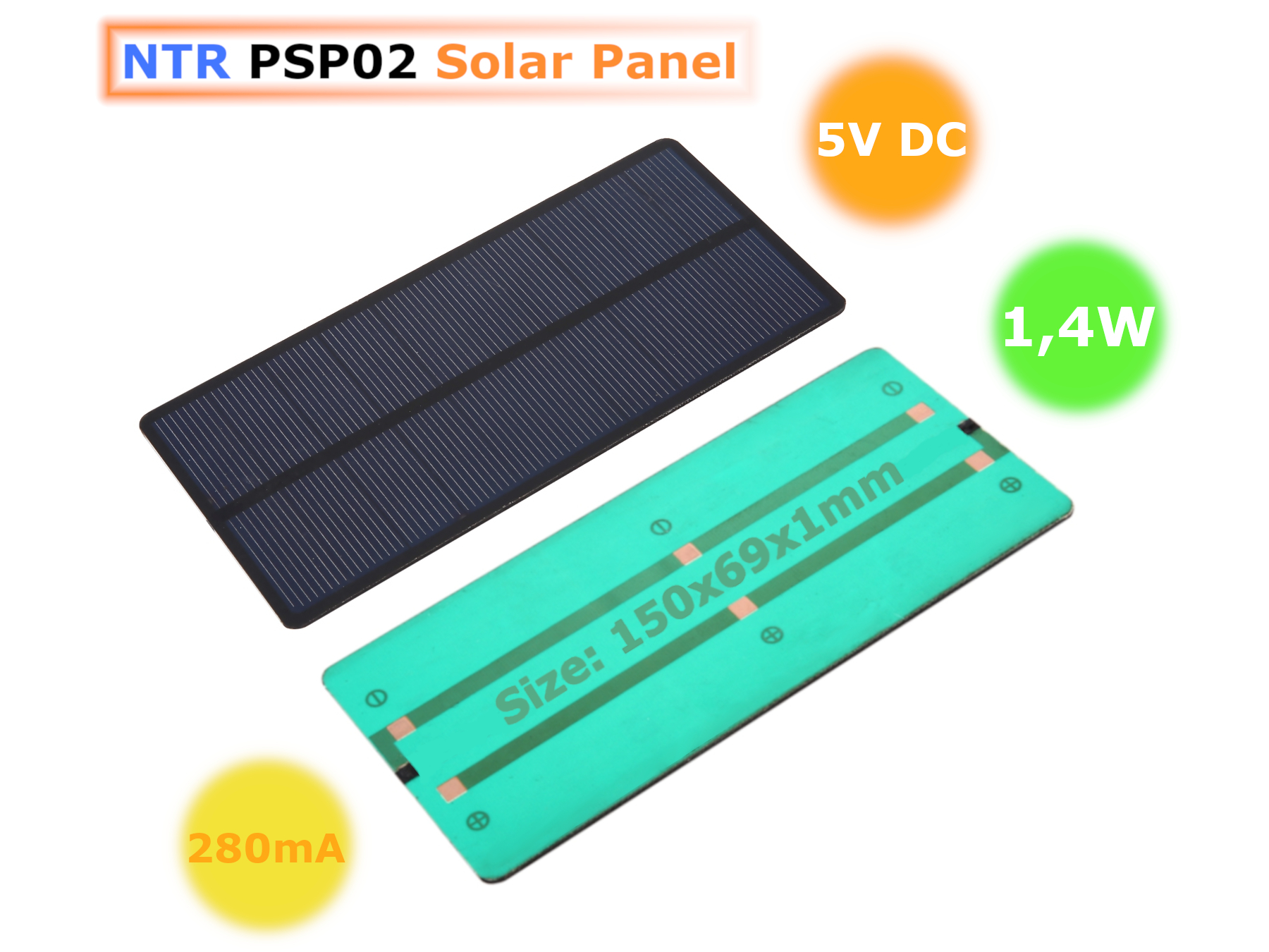 NTR PSP02 5V DC 1,4W 280mA napelem panel 150x69x1mm alternatív zöldenergia 