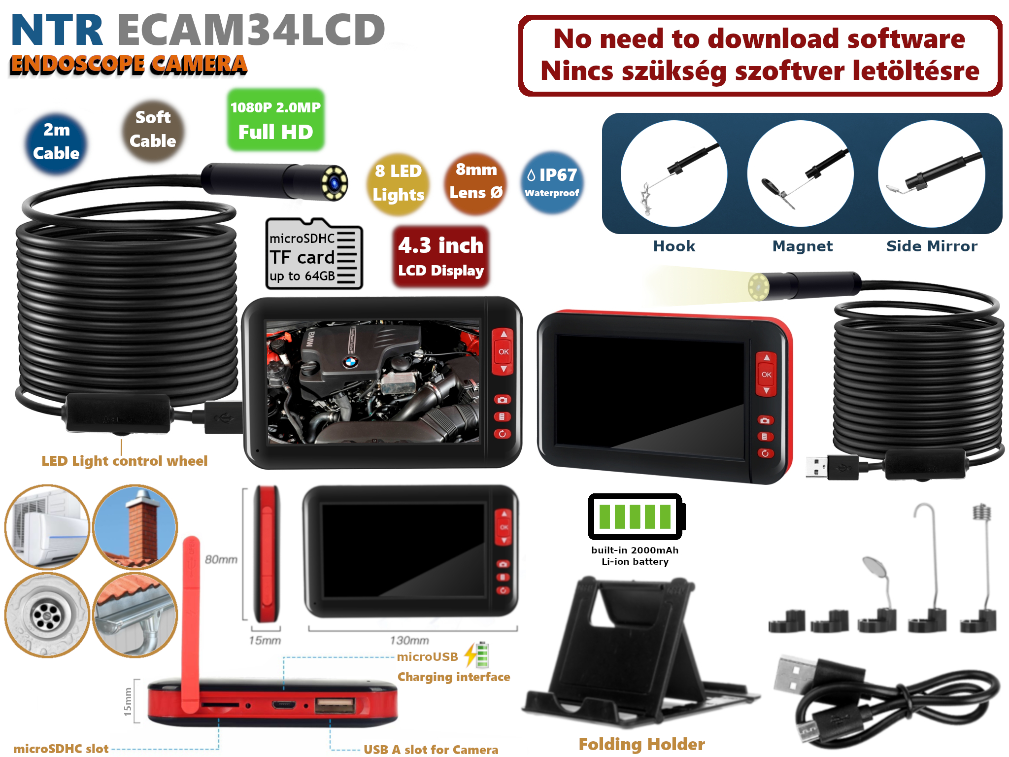 NTR ECAM34LCD Vízálló endoszkóp kamera 1080P FHD 2MP 8mm átmérő 8LED + LCD monitor + 2m kábel 