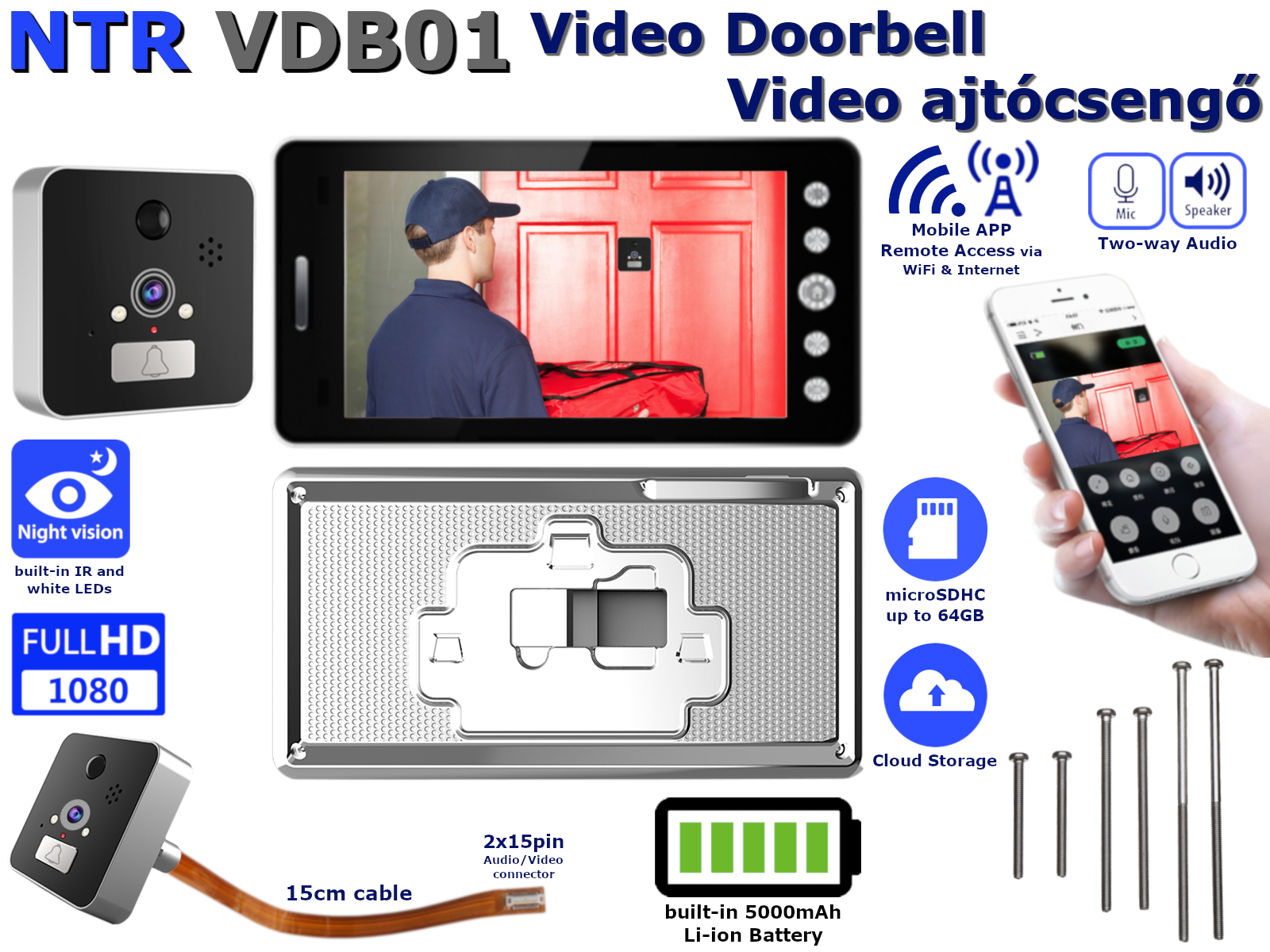 NTR VDB01 LCD kijelzős 2MP video ajtótelefon, okostelefonnal távolról beszélhet vendégével 