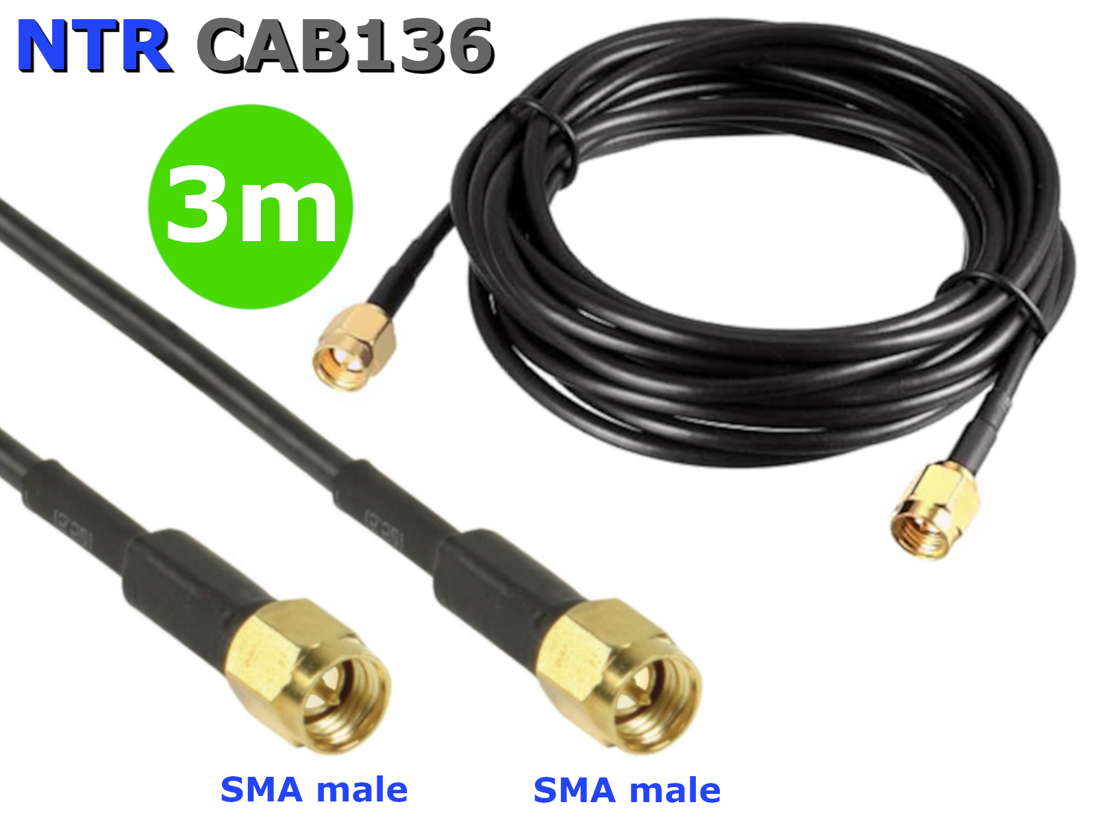 NTR CAB136-3M SMA dugó - SMA dugó WiFi/3G/LTE/5G antenna összekötő kábel (RG174 50ohm) 3m 