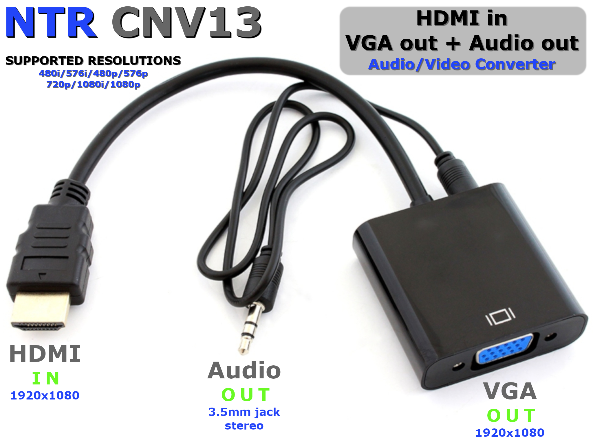 NTR CNV13 HDMI dugó - VGA aljzat + 3,5mm jack audio aljzat konverter FULL HD 1920x1080 