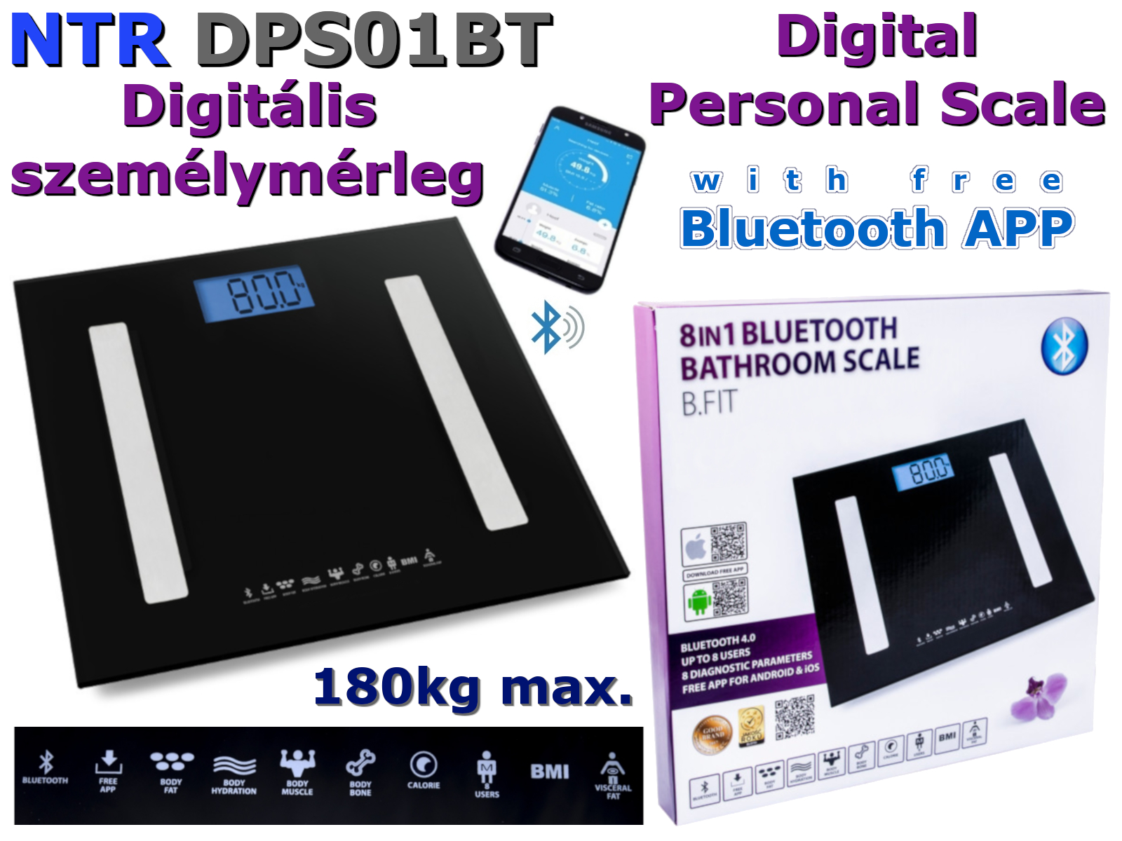 NTR DPS01BTBK Digitális személymérleg Bluetooth APP max. 180kg pontosság 100g - fekete 