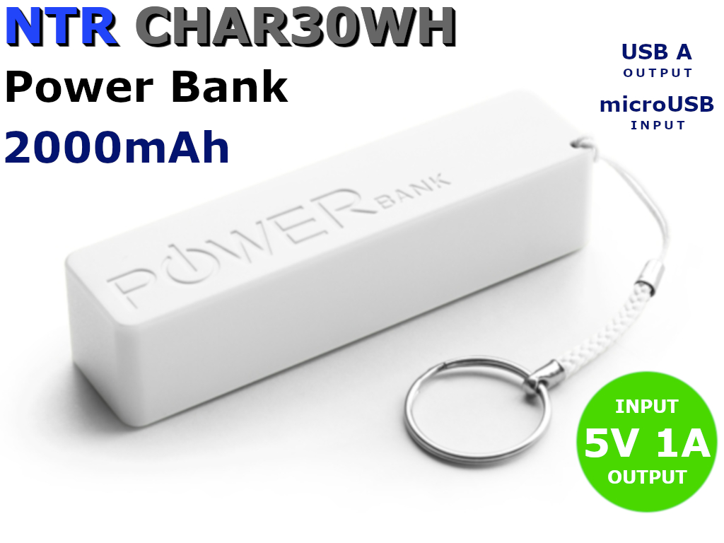 NTR CHAR30WH Power Bank 1x 5V DC 1A USB kimenet és 1x microUSB bemenet 2000mAh - fehér 