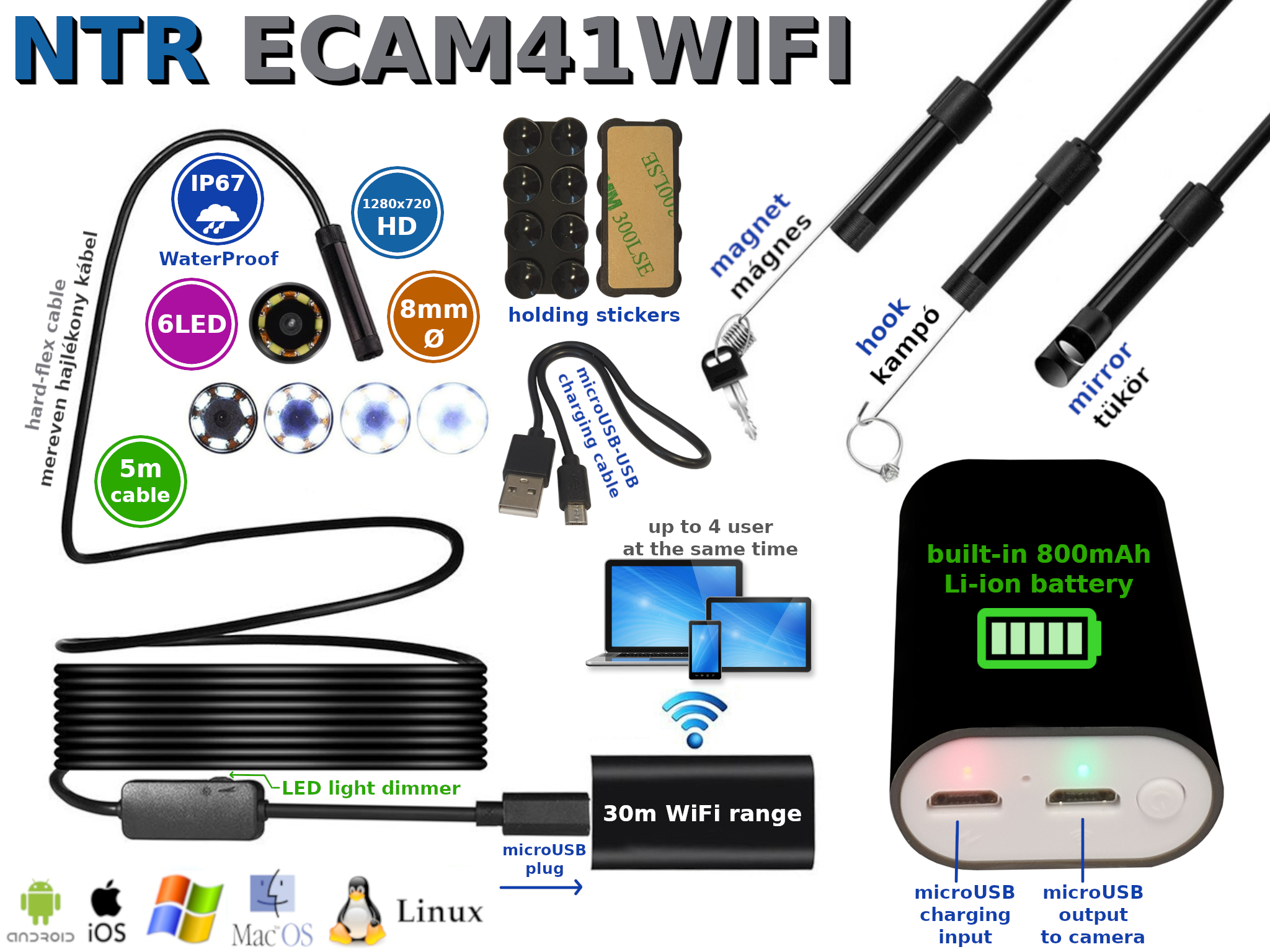 NTR ECAM41WIFI Vízálló endoszkóp kamera 1280x720 HD 2MP 8mm 6LED 30m WiFi + 5m merev kábel 