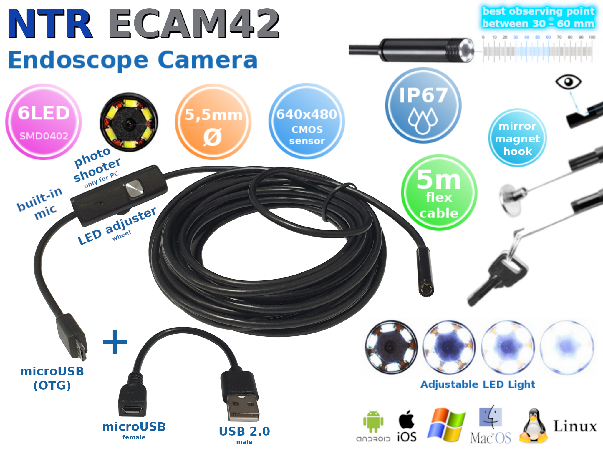 NTR ECAM42 Vízálló endoszkóp kamera 640x480 5,5mm átmérő 6LED microUSB/USB 5m (flex) kábel 